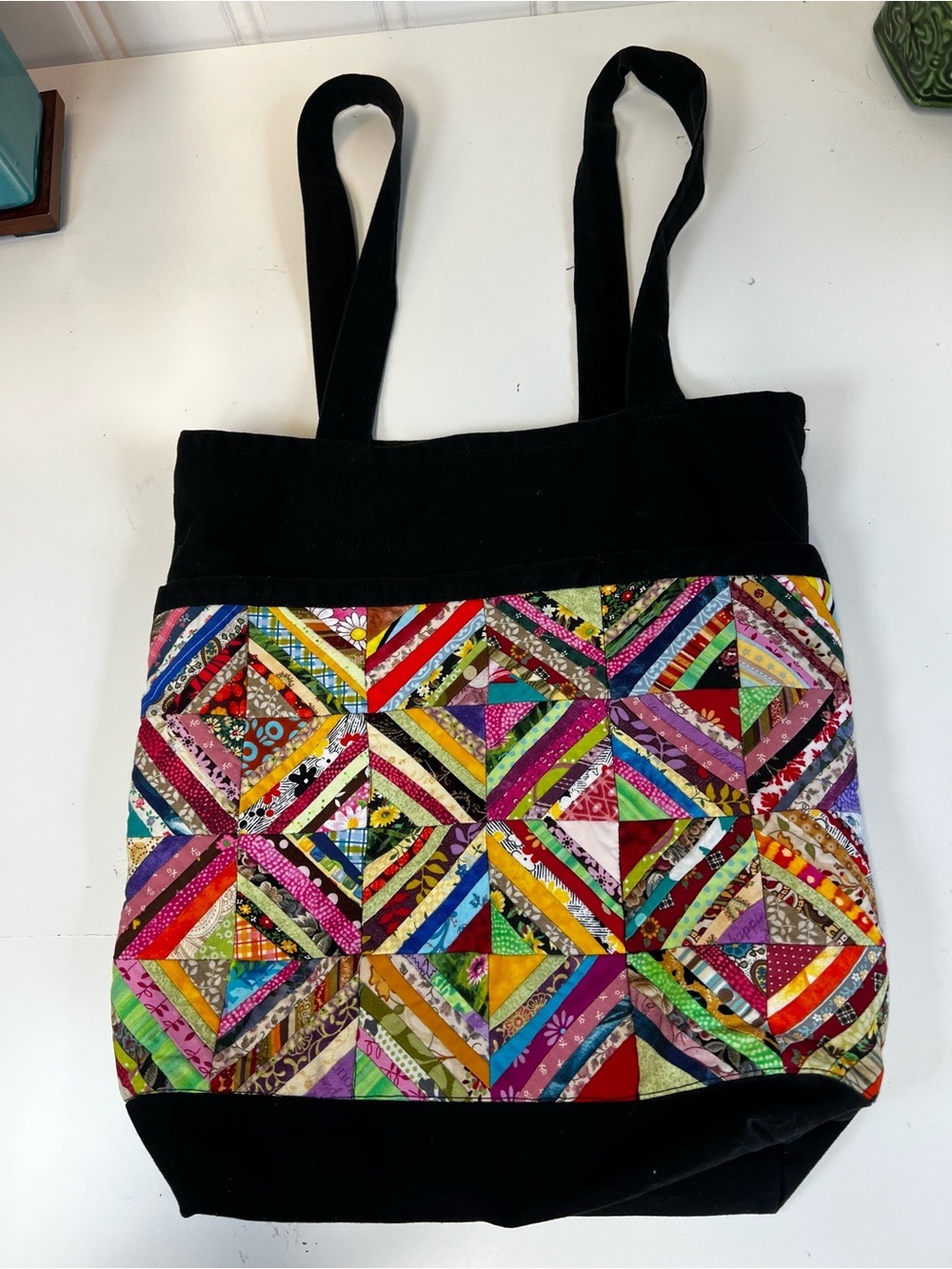 Handmade Quilted Patchwork Tote Bag String Quilt Scrap Fabric Black Canvas Large